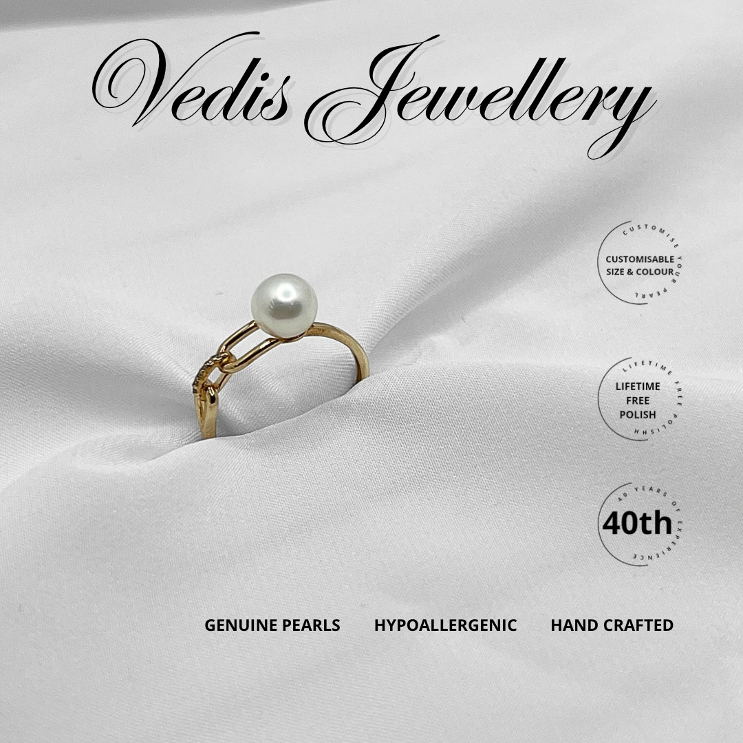 "Block Chain" Freshwater Pearl Ring 7mm - 7.5mm Ring S925 Gold Plated Free Size