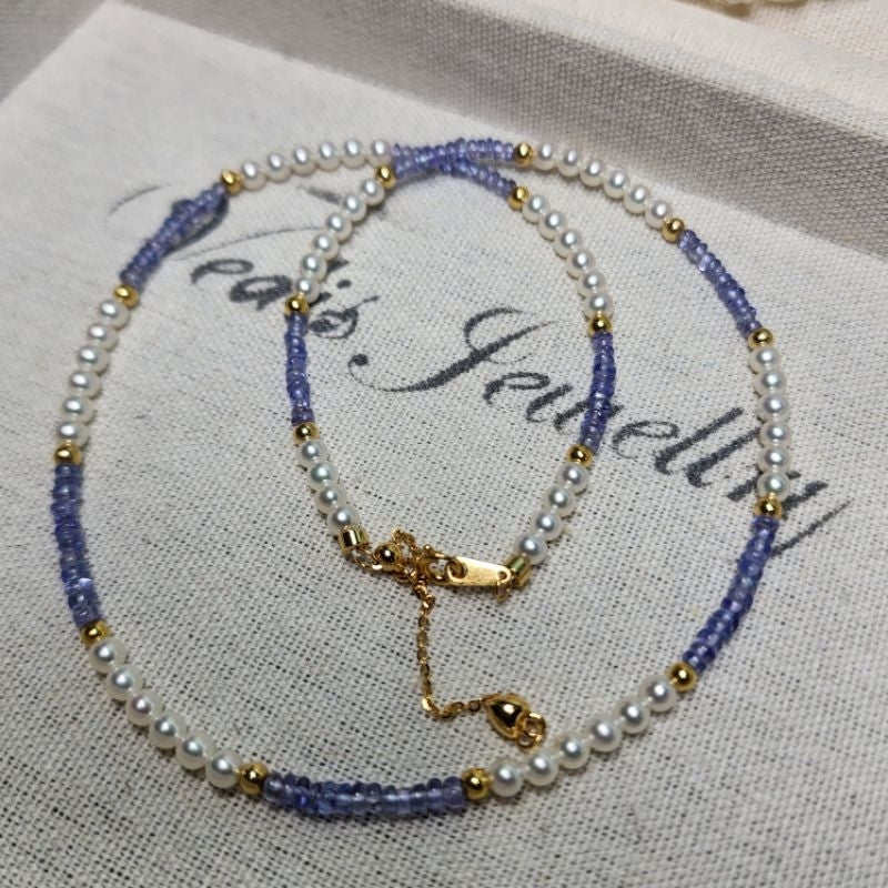 "Amethyst Aurelia" Premium Freshwater Pearl 3.5mm-4mm Bead Necklace with Tanzanite