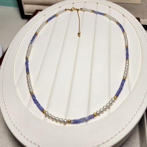 "Amethyst Aurelia" Premium Freshwater Pearl 3.5mm-4mm Bead Necklace with Tanzanite