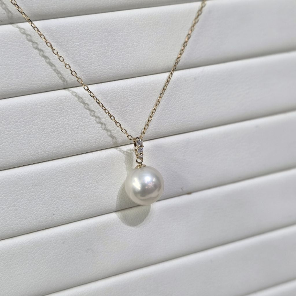 "Block Chain" Natural Sphere Round Freshwater Pearl Necklace 10mm - 10.5mm with 18k Gold Chain