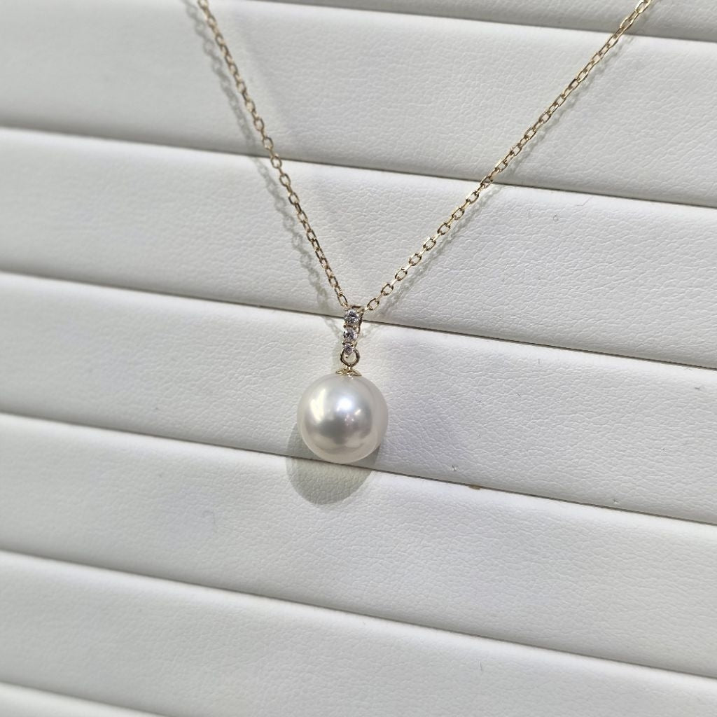 "Block Chain" Natural Sphere Round Freshwater Pearl Necklace 10mm - 10.5mm with 18k Gold Chain