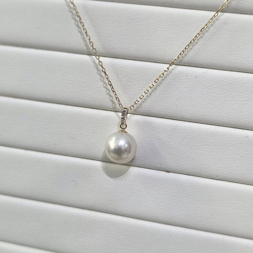 "Block Chain" Natural Sphere Round Freshwater Pearl Necklace 10mm - 10.5mm with 18k Gold Chain