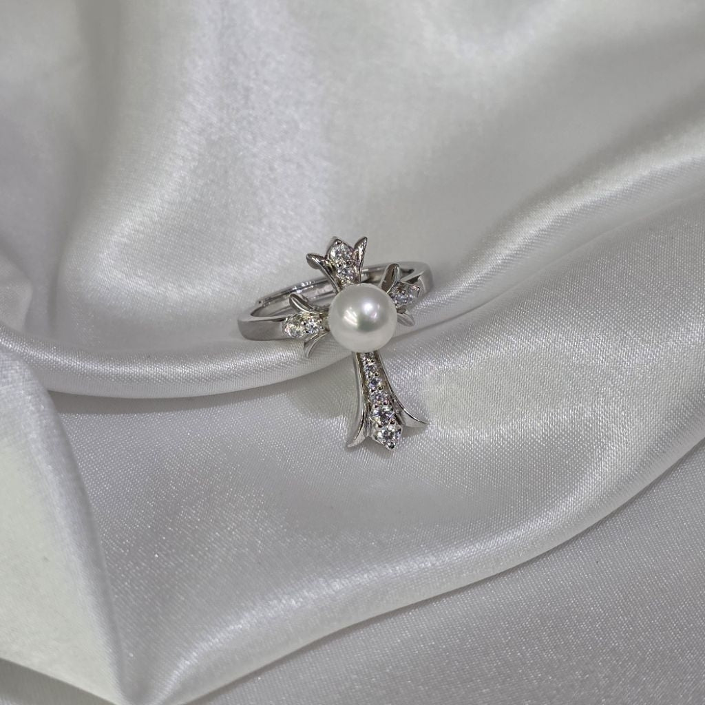 "Crucifix Ring" 6-6.5mm Premium Freshwater Pearl Ring with Elegant Silver Tone Accents
