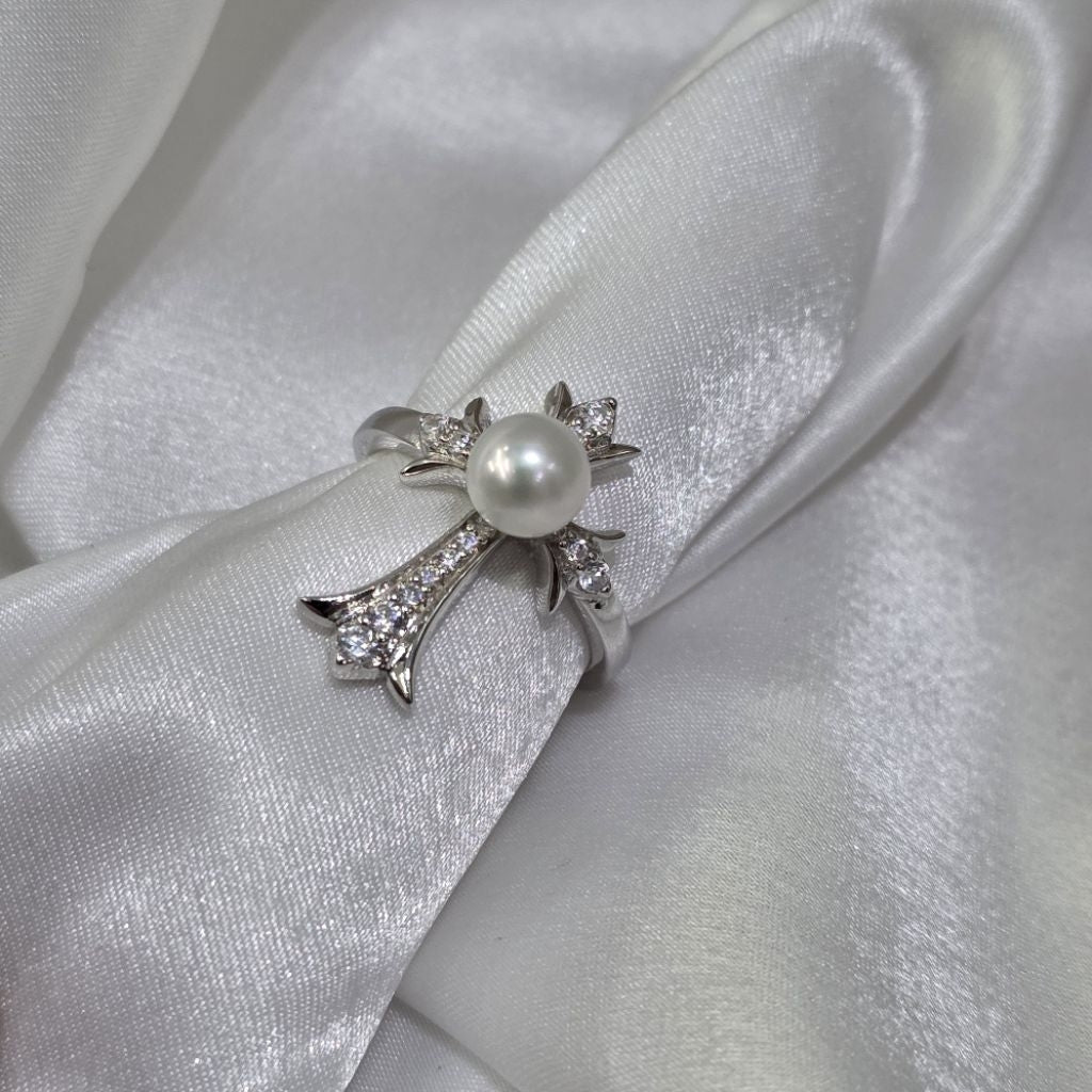"Crucifix Ring" 6-6.5mm Premium Freshwater Pearl Ring with Elegant Silver Tone Accents