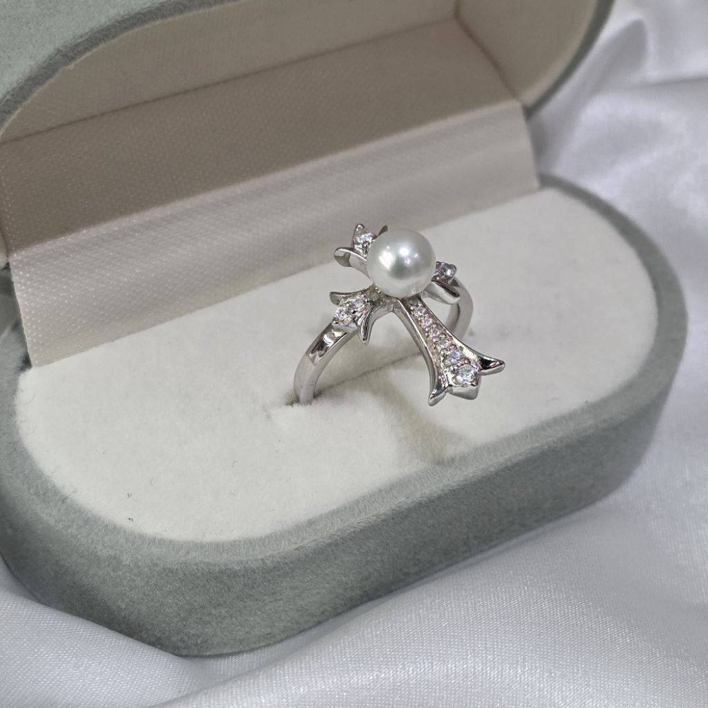 "Crucifix Ring" 6-6.5mm Premium Freshwater Pearl Ring with Elegant Silver Tone Accents