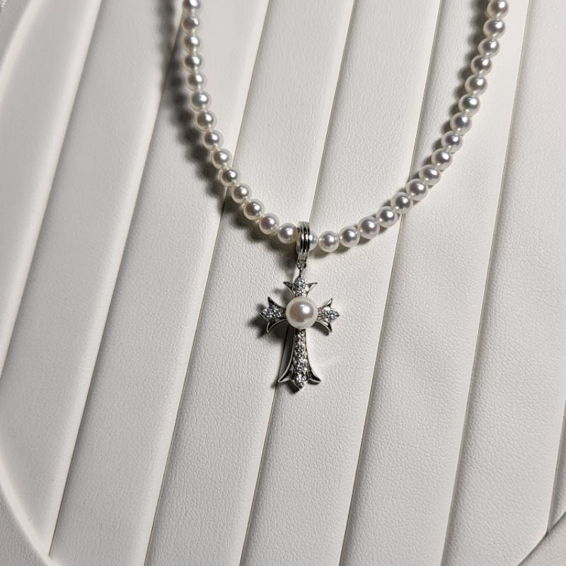"Rosary" Freshwater Pearl Necklace 4.5mm - 5mm bead, 6.5mm - 7mm Pendant