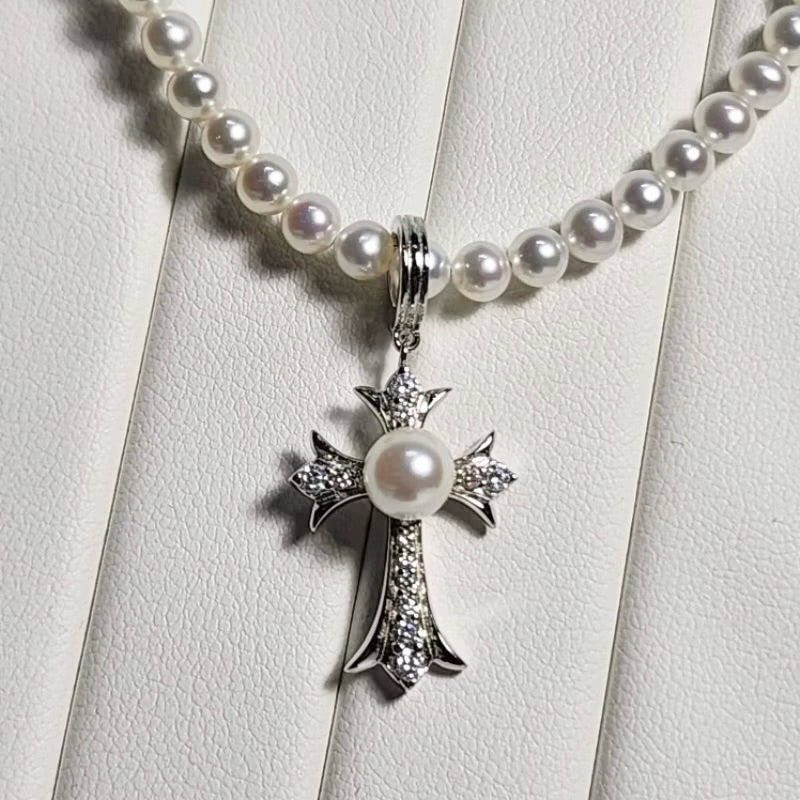 "Rosary" Freshwater Pearl Necklace 4.5mm - 5mm bead, 6.5mm - 7mm Pendant