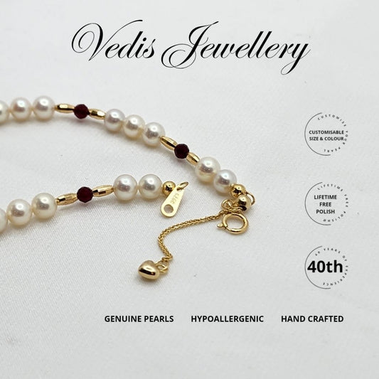 "True Love" Natural Freshwater Pearl Bracelet 4.5mm - 5mm with Red Crystal