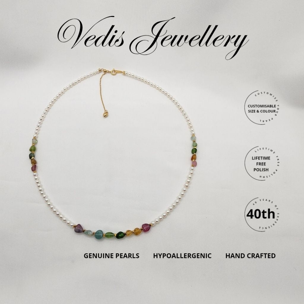 "Trail of Luck" (Tourmaline) 多彩碧玺 Freshwater Pearl 3mm-3.5mm Necklace