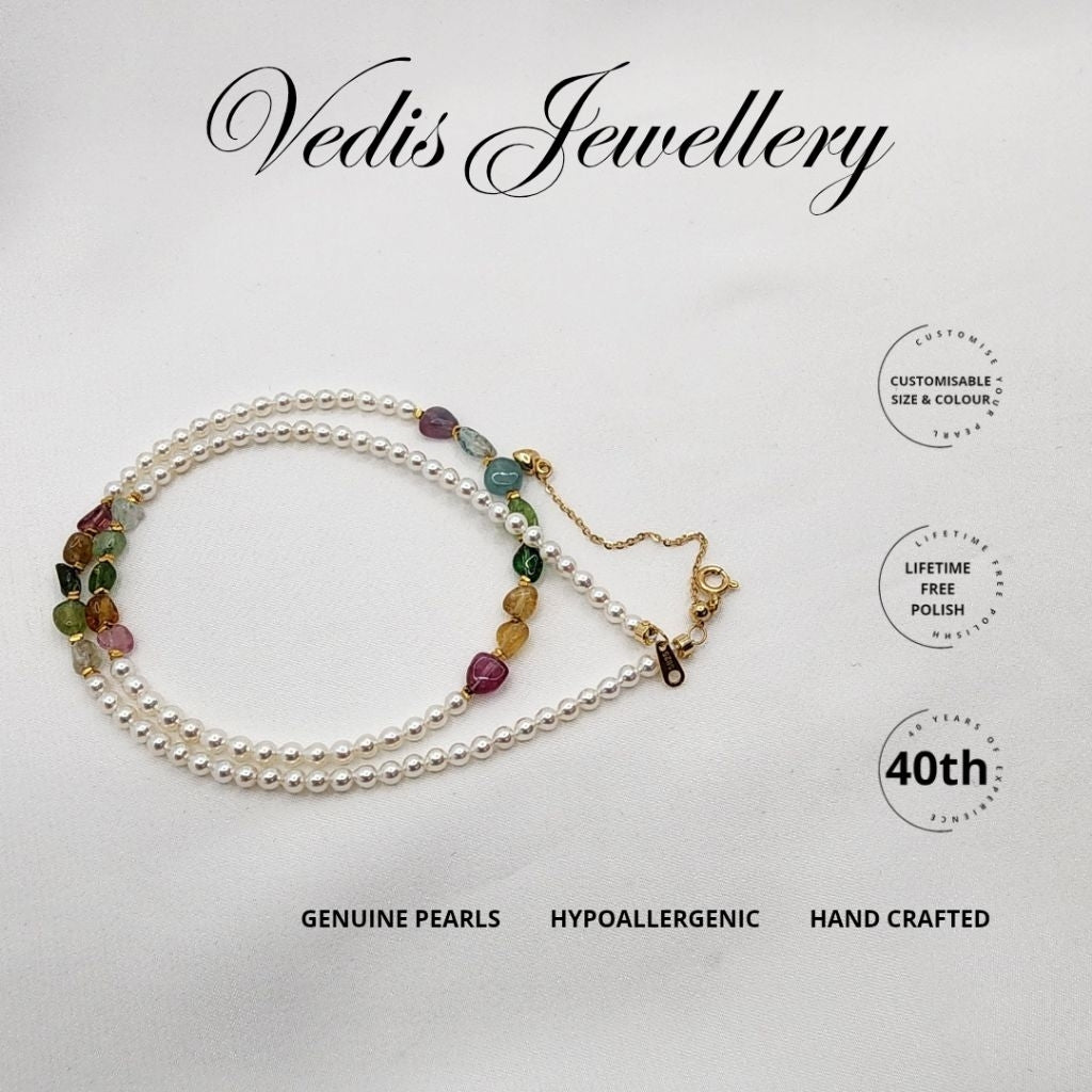 "Trail of Luck" (Tourmaline) 多彩碧玺 Freshwater Pearl 3mm-3.5mm Necklace