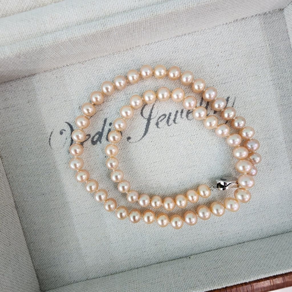 "China Red" Premium Freshwater Pink Pearl 6.5mm-7mm Necklace with S925 Sterling Silver press clasp