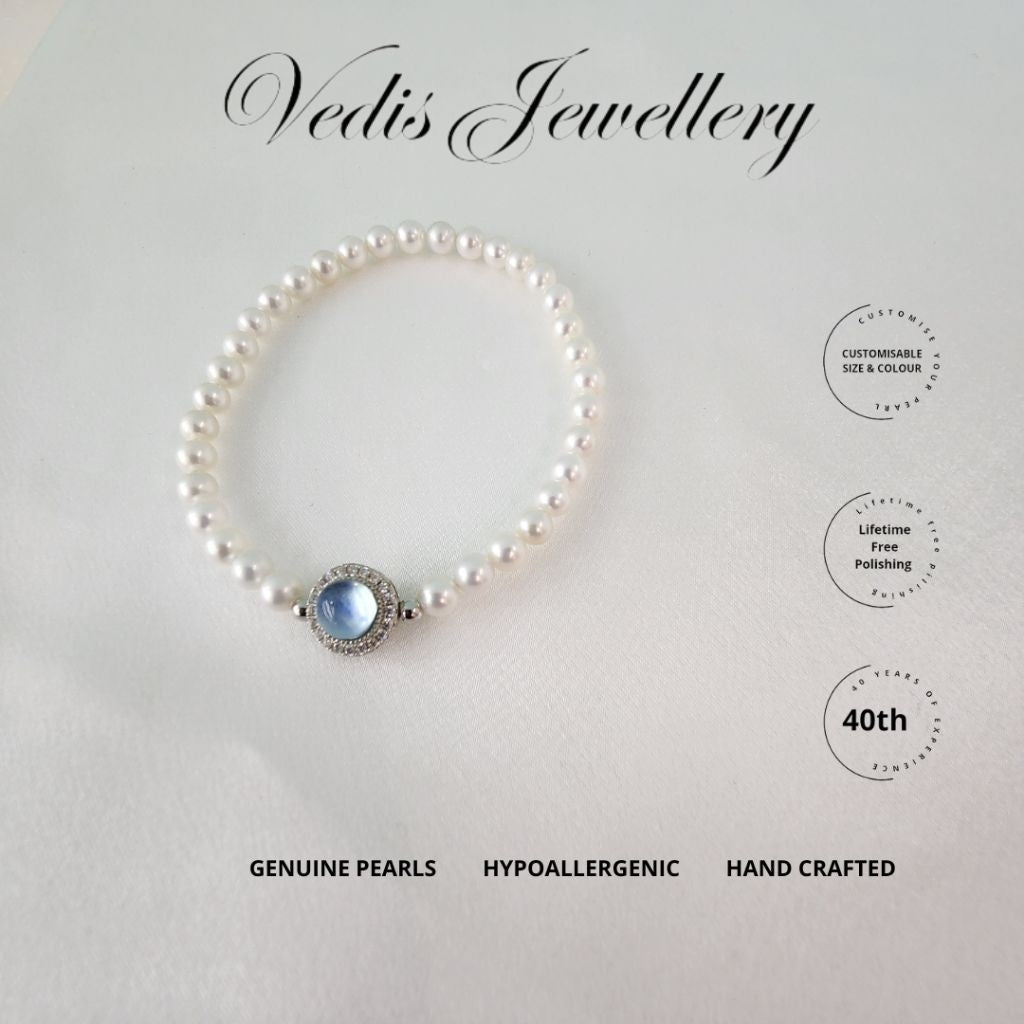 "Eternity" Freshwater Pearl Bracelet 4.5mm - 5mm with Aquamarine