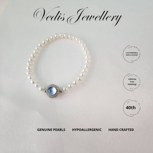 "Eternity" Freshwater Pearl Bracelet 4.5mm - 5mm with Aquamarine
